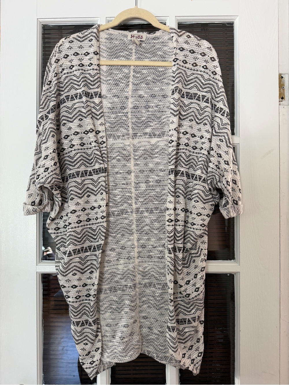 Mudd Women’s S Cream Black Oversized Knit Open Front Cardigan Kimono | SKU 0238